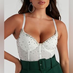 Windsor White Party Time Rhinestone And Pearl Corset Bustier Top